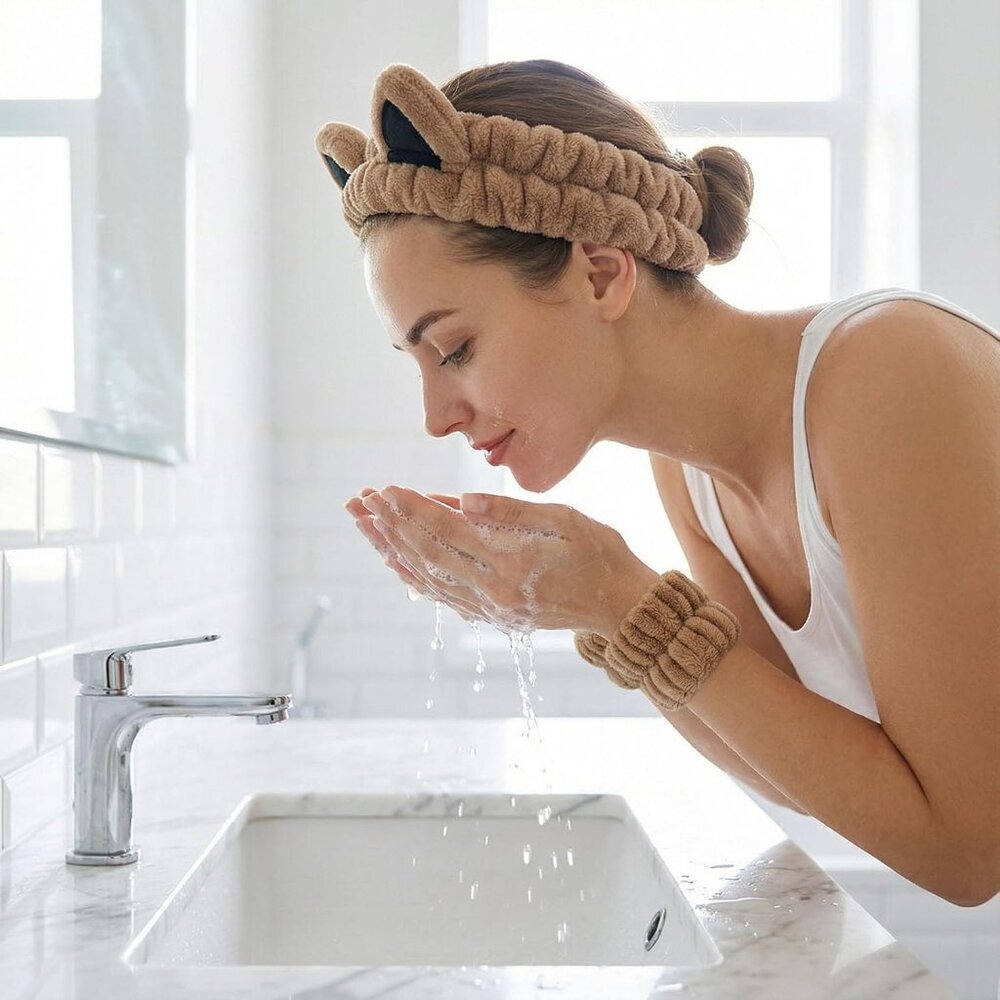 2 Pcs Cat Ears Headband Spa Headbands for Washing Face Khaki Beige Wristband - Picture 2 of 8